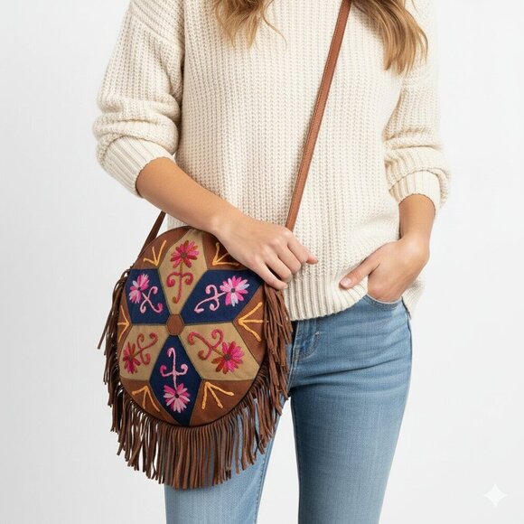 Unbranded Handbags - Vintage Patchwork Deerskin Round Crossbody w fringe